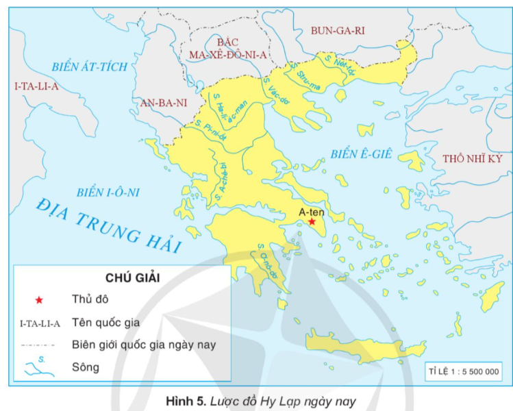 Đọc thông tin và quan sát hình 5, em hãy xác định vị trí địa lí của Hy Lạp ngày nay trên lược đồ. (ảnh 1)