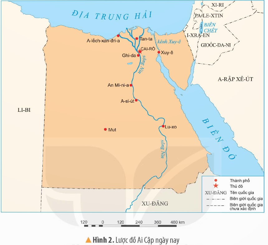 Đọc thông tin và quan sát các hình 1, 2, em hãy: - Xác định vị trí địa lí của nước Ai Cập hiện nay.  - Kể tên và mô tả một số thành tựu tiêu biểu của văn minh Ai Cập. (ảnh 2)