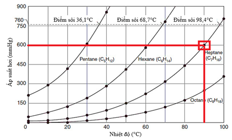 Điền từ/cụm từ thích hợp vào chỗ trống. Theo Hình 1, tại nhiệt độ 90°C, áp suất hơi của heptane là (1) ________. (ảnh 1)