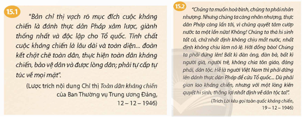 - Trước ngày 19- 12-1946, thực dân Pháp đã có những hành động gây chiến như thế nào? Trong “Lời kêu gọi toàn quốc kháng chiến”, Chủ tịch Hồ Chí Minh đã giải thích như thế nào về lí do nhân dân Việt Nam buộc phải kháng chiến?  - Dựa vào tư liệu 15.1, 15.2 và 15.3, hãy nêu nội dung đường lối kháng chiến cho thực dân Pháp của Đảng. (ảnh 1)