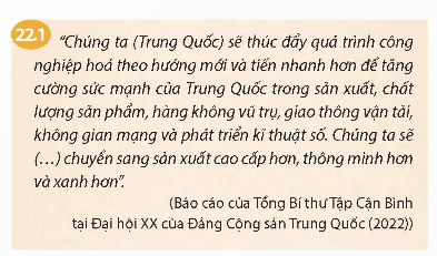 Hãy trình bày tình hình phát triển kinh tế của Trung Quốc, Nhật Bản, Hàn Quốc từ năm 1991 đến nay? Em có nhận xét gì về chiến lược phát triển kinh tế của Trung Quốc được thể hiện qua tư liệu 22.1? (ảnh 1)