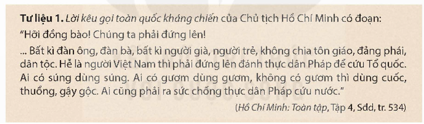 Khai thác tư liệu 1 và thông tin trong mục, hãy trình bày nội dung và giải thích đường lối kháng chiến chống thực dân Pháp xâm lược của Đảng.   (ảnh 1)