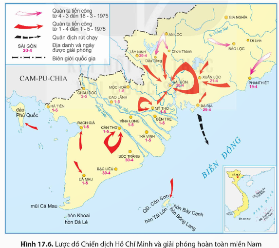 Khai thác lược đồ hình 17.6 và thông tin trong mục, hảy trình bày diễn biến, kết quả của Chiến dịch Hồ Chí Minh và giải phóng hoàn toàn miền Nam.   (ảnh 1)