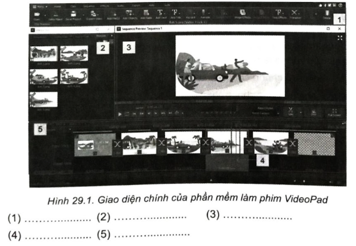 Điền các cụm từ: ngăn tiến trình, ngăn xem trước, thanh công cụ, ngăn tư liệu, con trỏ thời điểm vào chỗ trống (...) được đánh số tương ứng với các thành phần chính trong giao diện của phần mềm làm phim VideoPad trong Hình 29.1.   (ảnh 1)