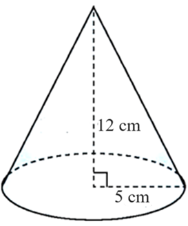 Diện tích xung quanh của hình nón có chiều cao 12 cm và bán kính đáy 5 cm là (ảnh 1)