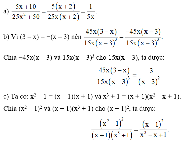 Rút gọn các phân thức sau:  a) 5x + 10 / 25 x^2  + 50 (ảnh 1)