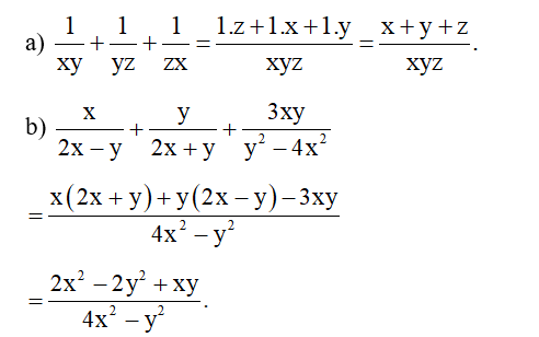 Thực hiện các phép tính.  a) 1/ xy + 1/ yz + 1/ zx  b) x / 2x-y + y/ 2x + y + 3xy/ y^2 - 4x^2 (ảnh 1)