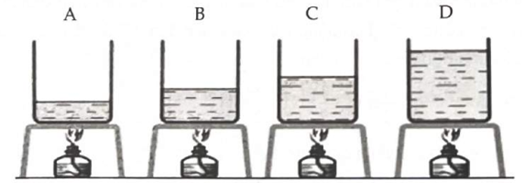 Có 4 bình A, B, C, D đều đựng nước ở cùng một nhiệt độ với thể tích tương ứng là: 1 lít, 2 lít, 3 lít, 4 lít. Sau khi dùng các đèn cồn giống hệt nhau để đun các bình này khác nhau. Hỏi bình nào có nhiệt độ thấp nhất?  (ảnh 1)