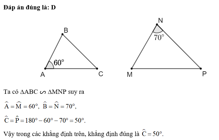 Chọn phương án đúng.  Cho ∆ABC ᔕ ∆MNP.  (ảnh 1)