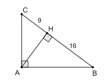 Cho tam giác ABC vuông tại A và có đường cao AH. Biết rằng BH = 16 cm, CH = 9 cm. (ảnh 1)