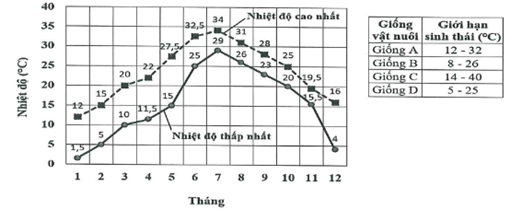 Dựa vào thông tin trong hình và bảng, có bao nhiêu nhận định sau đây đúng để lựa chọn các giống vật nuôi A, B, C và D chăn thả tại vùng này cho phù hợp? I. Giống A phù hợp để chăn thả ở vùng này. II. Có thể nuôi giống D từ tháng hai để đảm bảo năng suất khi xuất chuồng là cao nhất. III. Để đảm bảo đủ thời gian xuất chuồng, giống C là phù hợp nhất chăn thả ở vùng này. IV. Không thể nuôi được giống B trong 160 ngày để xuất chuồng ở vùng này. (ảnh 1)