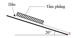 Một tấm phẳng trượt đều trên một lớp dầu trên một mặt phẳng nghiêng có góc nghiêng 20° với vận tốc \(v = 0,1\,\,m/s\) như hình vẽ. (ảnh 1)