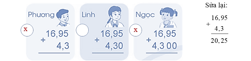 Đánh dấu × vào ô trống ở cách đặt tính sai rồi sửa lại cho đúng: a) 16,95 + 4,3 = ? (ảnh 2)