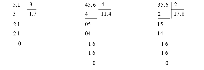 Tính (theo mẫu)  5,1 : 3	  45,6 : 4  ...	  35,6 : 2  .. (ảnh 2)