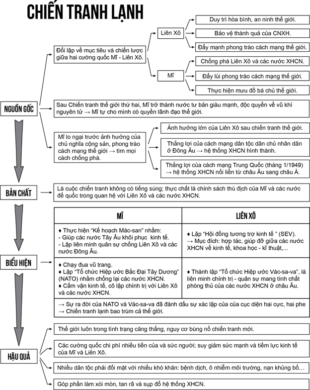 Hãy vẽ sơ đồ tư duy thể hiện nguyên nhân, biểu hiện và hậu quả của Chiến tranh lạnh (1947-1989). (ảnh 1)