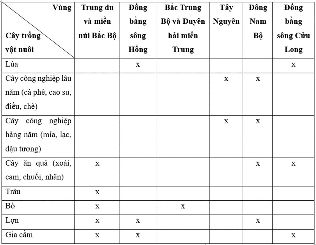 Hoàn thành bảng theo mẫu sau, đánh dấu x vào các vùng phân bố chủ yếu của một số cây trồng, vật nuôi: lúa; cây công nghiệp lâu năm (cà phê, cao su, điều, chè); cây công nghiệp hàng năm (mía, lạc, đậu tương); cây ăn quả (xoài, cam, chuối, nhãn); trâu; bò; lợn; gia cầm. (ảnh 2)