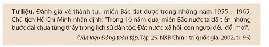 Khai thác tư liệu và thông tin trong mục, hãy giới thiệu tóm tắt những thành tựu tiêu biểu của miền Bắc trong xây dựng cơ sở vật chất, kĩ thuật của chủ nghĩa xã hội (1961-1965) và chi viện cho miền Nam.   (ảnh 1)