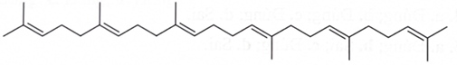 Squalene là một hydrocarbon mạch hở, là chất lỏng sánh, không màu ở điều kiện thường. Ban đầu squalene được tách ra từ dầu gan cá mập (do đó có tên như Squalus là một chi cá mập). Kết quả phân tích nguyên tố trong phân tử squalene cho thấy %C = 87,80%. Từ phổ khối lượng của squalene xác định được phân tử khối của nó bằng 410. Trong phân tử squalene có bao nhiêu liên kết đôi C=C? (ảnh 1)