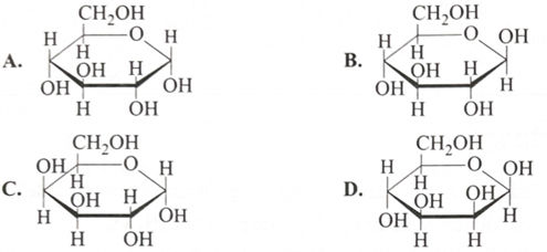 Ở trạng thái rắn, glucose chủ yếu tồn tại ở dạng mạch vòng ß-glucose. Công thức cấu trúc nào dưới đây là của ß-glucose? (ảnh 1)