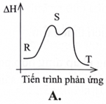 Phản ứng chuyển từ chất R thành chất T có giá trị biến thiên enthalpy âm và đi qua giai đoạn tạo chất trung gian S duy nhất như sau: R → S        H > 0;        S→T         H<0 Tiến trình phản ứng trên được minh hoạ theo sơ đồ nào dưới đây ? (ảnh 1)