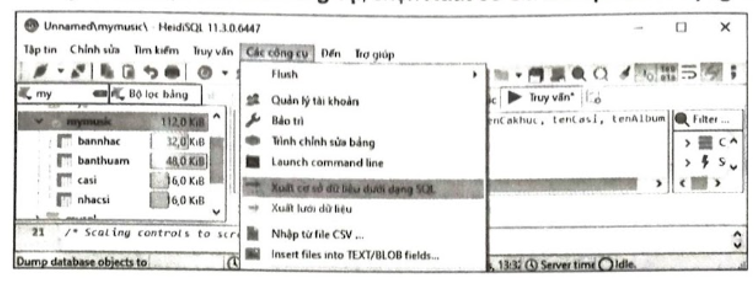 Việc sao lưu CSDL được thực hiện bằng cách kích hoạt thẻ nào trong giao diện chính của phần mềm HeidiSQL?   (ảnh 2)