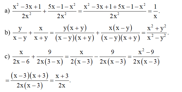 Thực hiện các phép tính.  a) x^2 - 3x +1 / 2x^2 + 5x-1-x^2 / 2x^2 (ảnh 1)