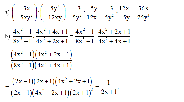 Làm tính chia phân thức.:  a) ( -3x/ 5xy^2 ) : ( -5y ^2 / 12xy) (ảnh 1)