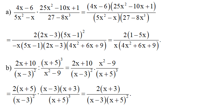 Thực hiện các phép tính.  a) 4x - 6 /; 5x^2 -x . 25x ^2 - 10x + 1 / 27 - 8x^3 (ảnh 1)