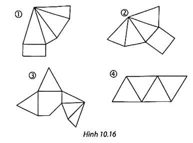 Trong các miếng bìa ở Hình 10.16, miếng bìa nào khi gấp và dán lại thì được một hình chóp tam giác đều, miếng nào được một hình chóp tứ giác đều? (ảnh 1)