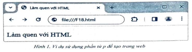 Tạo trang web đơn giản. Yêu cầu: Sử dụng phần mềm Sublime Text để soạn một văn bản HTML sao cho khi mở văn bản bằng trình duyệt web, tiêu đề và trên màn hình của sổ trình duyệt web hiển thị dòng chữ: “Làm quen với HTML” như Hình 1.   (ảnh 1)