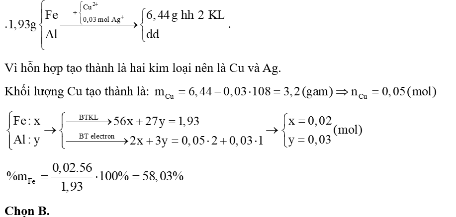 Cho 1,93 gam hỗn hợp gồm Fe và Al tác dụng với dung dịch chứa \[C{u^{2 + }}\]và 0,03 mol \[A{g^ + }.\] Sau phản ứng thu được 6,44 gam hỗn hợp có (ảnh 1)