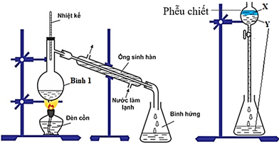 Cho các phát biểu: (a) Hỗn hợp chất lỏng trong bình 1 gồm ethyl alcohol, acetic acid và sulfuric acid đặc.  (b) Trong phễu chiết lớp chất lỏng Y có thành phần chính là ethyl acetate. (c) Trong bình 1 có thể thay acetic acid bằng giấm để làm tăng hiệu suất phản ứng.  (d) Chất lỏng trong phễu chiết được phân thành 3 lớp. (e) Thêm đá bọt vào bình 1 để làm sôi đều hỗn hợp.  Số phát biểu đúng là (ảnh 1)