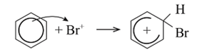 Trình bày cơ chế phản ứng khi cho benzene tác dụng với Br2, xúc tác FeBr3 tạo thành monobromobenzene. Tác nhân electrophile tạo thành từ sự kết hợp giữa Br2 và FeBr3 được biểu diễn như sau: Br2 + FeBr3 → Br+ + [FeBr4]− (ảnh 2)