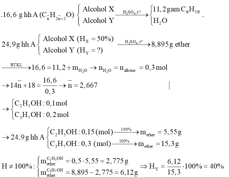 Tách nước hoàn toàn 16,6 gam hỗn hợp A gồm 2 alcohol X, Y (\[{M_X} < {M_Y}\]) thu được 11,2 gam hai alkene kế tiếp trong dãy đồng đẳng.  (ảnh 1)