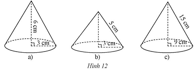 Hãy cho biết chiều cao, bán kính đáy, độ dài đường sinh và diện tích xung quanh của mỗi hình nón sau: (ảnh 1)