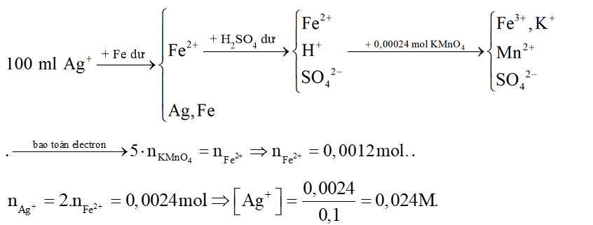 Để xác định nồng độ \[A{g^ + }\] trong một mẫu dung dịch người ta tiến hành như sau: Cho bột Fe dư vào 100,0 ml dung dịch đó, tách bỏ kết tủa sau đó  (ảnh 1)
