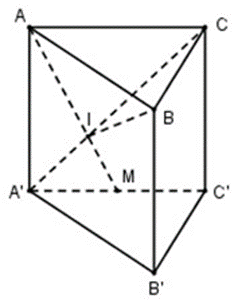 Cho hình lăng trụ đứng \(ABC.A'B'C'\) có đáy \(ABC\) là tam giác vuông tại \(B\) với \(AB = a,\,\,AA' = 2a,\,\,A'C = 3a.\) Gọi \(M\) là trung điểm của \(A'C'\,,\,\,I\) là giao điểm của đường thẳng \(AM\) và \(A'C.\) Thể tích khối \(IABC\) theo \(a\) là 	A. \(V = \frac{2}{3}{a^3}\).	B. \(V = \frac{2}{9}{a^3}\).	C. \(V = \frac{4}{9}{a^3}\).	D. \(V = \frac{4}{3}{a^3}\). (ảnh 1)