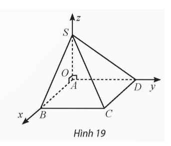 Cho hình chóp S.ABCD có đáy ABCD là hình chữ nhật với AB = 2a, AD = 5a, SA = 3a và SA  (ABCD). Bằng cách thiết lập hệ trục tọa độ Oxyz như Hình 19, tính khoảng cách từ điểm A đến mặt phẳng (SBC).   (ảnh 1)