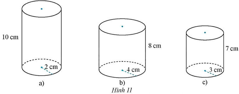 Tìm chiều cao, bán kính đáy và diện tích xung quanh, thể tích của mỗi hình trụ sau: (ảnh 1)