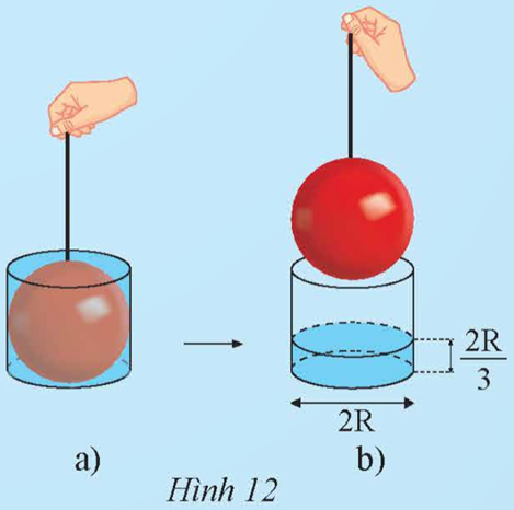 Một quả cầu có bán kính R nằm khít trong chiếc bình hình trụ đổ đầy nước có chiều cao h = 2R (Hình 12a).  (ảnh 1)