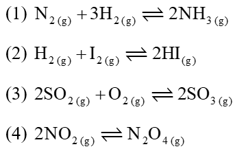 Cho các cân bằng hóa học: (1)   (2)   (3)   (4)   Khi thay đổi áp suất những cân bằng hóa học bị chuyển dịch là 	 (ảnh 1)