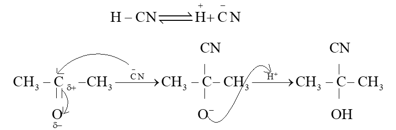 Viết phương trình hoá học của phản ứng giữa acetone và HCN. Giải thích quá trình tạo ra sản phẩm bằng cơ chế phản ứng. (ảnh 2)