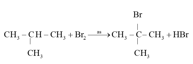 Viết phương trình hoá học của phản ứng xảy ra khi cho 2 – methylpropane tác dụng với bromine trong điều kiện chiếu sáng tạo thành sản phẩm 2 – bromo – 2 – methylpropane. Giải thích bằng cơ chế phản ứng. (ảnh 1)