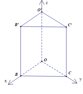 Trong không gian Oxyz, cho hình lăng trụ đứng OBC.O'B'C' có đáy là tam giác OBC vuông tại O. Cho biết B(3; 0; 0), C(0; 1; 0), O'(0; 0; 2). Tính góc giữa: a) hai đường thẳng BO' và B'C; b) hai mặt phẳng (O'BC) và (OBC); c) đường thẳng B'C và mặt phẳng (O'BC) (ảnh 1)