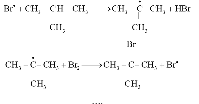 Viết phương trình hoá học của phản ứng xảy ra khi cho 2 – methylpropane tác dụng với bromine trong điều kiện chiếu sáng tạo thành sản phẩm 2 – bromo – 2 – methylpropane. Giải thích bằng cơ chế phản ứng. (ảnh 3)