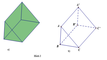Một lăng kính có dạng hình lăng trụ đứng có đáy là tam giác đều ở Hình 3a được vẽ lại như Hình 3b. Tìm một cặp vectơ chỉ phương và một vectơ pháp tuyến của mặt phẳng (A'B'C').   (ảnh 1)