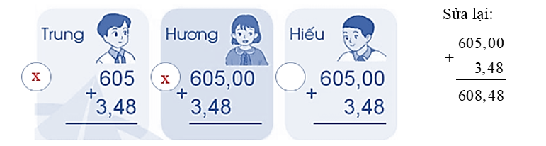 Đánh dấu × vào ô trống ở cách đặt tính sai rồi sửa lại cho đúng: a) 16,95 + 4,3 = ? (ảnh 3)