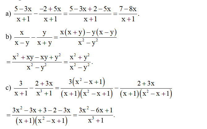 Thực hiện các phép tính.  a)  5- 3x / x+1 - -2+ 5x/ x+1 (ảnh 1)