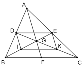Cho tam giác ABC. Các đường trung tuyến AF, BE và CD cắt nhau tại G. Gọi I, K theo thứ tự là trung điểm của BG và CG. a) Chứng minh rằng tứ giác DEKI là hình bình hành. b) Biết AF = 6 cm. Tính độ dài các đoạn thẳng DI và EK. (ảnh 1)