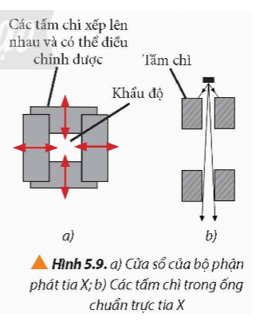 Quan sát Hình 5.9 và cho biết làm sao để điều chỉnh bề rộng của chùm tia X khi chiếu vào phần cơ thể cần chụp của bệnh nhân.   (ảnh 1)